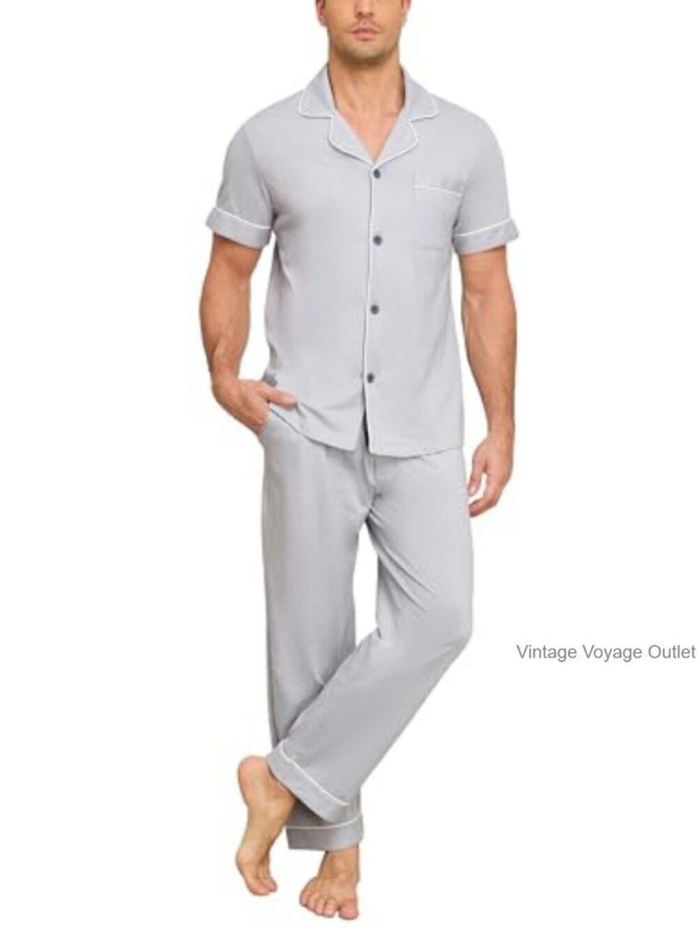 Cotton Short Sleeve Button Pajama Set for Men 2 Piece Lounge Sleepwear